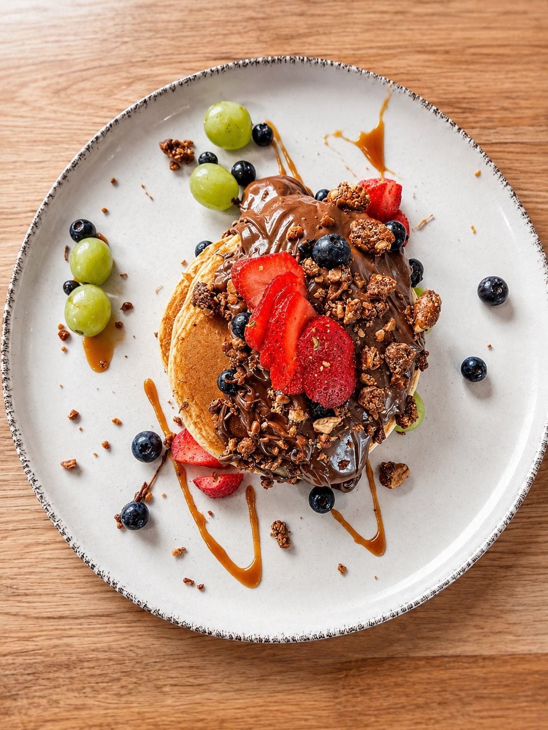 Pancakes — Mit Beerenmarmelade, karamellisierten Mandeln und Vanille-Mascarpone-Creme. Brunch by Sole, Berlin-Schöneberg.