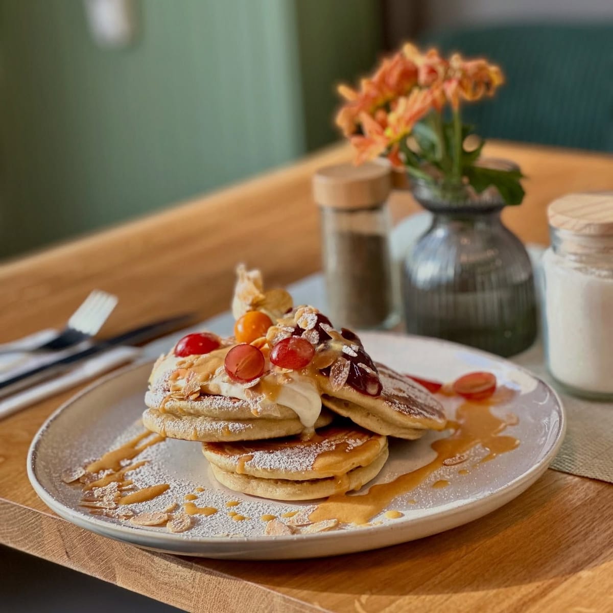 Pancakes auf dem Holztisch im Gastraum — Brunch by Sole, Berlin-Schöneberg